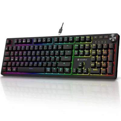 Obrázek KOORUI herní klávesnice, mechanická klávesnice QWERTZ, německé rozložení 104 kláves, 26 RGB podsvícených kabelů, pro Windows MacOS Linux červený spínač