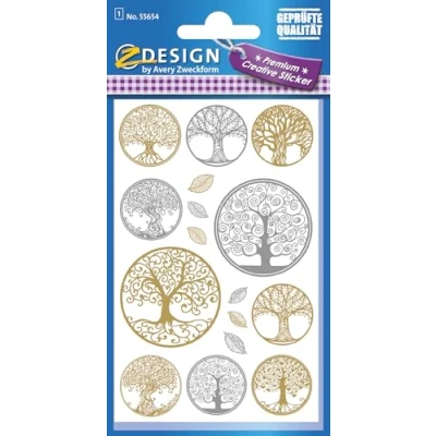 Obrázek AVERY Zweckform fólie nálepky strom života, 16 samolepek, stříbrná a zlatá (dekorační nálepka, samolepicí, scrapbooking, Bullet journal příslušenství, narozeniny, dekorace, karty, fotoalbum) 55654