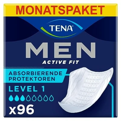 Obrázek TENA MEN absorbující chrániče, vložky Level 1 96 v měsíčním balení (8 x 12), jednotlivě balené hygienické pro muže při mírné ztrátě moči a inkontinenci