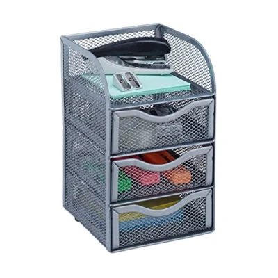 Obrázek Relaxdays Organizér na psací stůl, kancelářská police z kovového pletiva, odkládací box pro kancelářské potřeby, V x Š H: 21 12,5 13 cm, stříbrný