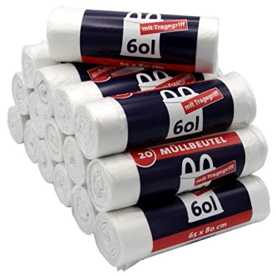 Obrázek 320 sáčků na odpadky/sáčky odpadky s držadlem, 60 litrů, 20 kusů roli, odolné proti roztržení a nepropouští tekutinu, produkt &amp; balení recyklovatelné (balení 16 ks)