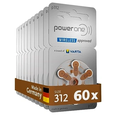 Obrázek Power one baterie do naslouchátka typ 312 hnědá, 60 kusů zásobní balení, bezdrátové připojení, velikost p312 pro a sluchové pomůcky, vysoká úroveň zahřívání, bez rtuti, Made in