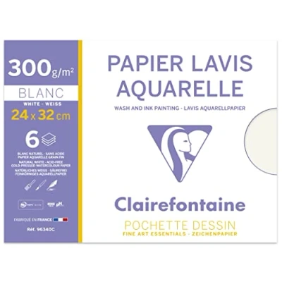 Obrázek Clairefontaine 96340C desky akvarelový papír (ideální pro mokré techniky, 300 g, 24 x 32 cm, 6 archů), bílá