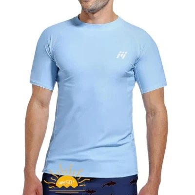 Obrázek MEETWEE pánské Rash Guard Vest dlouhé rukávy / krátký rukáv UV ochrana tričko topy UPF 50+ rychleschnoucí pro plavání surfování vodní sporty, šedomodrá krátké, M