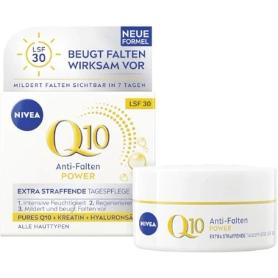 Obrázek NIVEA Proti vráskám POWER Q10 Extra zpevňující denní péče LSF 30, o obličej zmírňuje a předchází vráskám, krém s čistým Q10, kreatinem kyselinou hyaluronovou (50 ml)