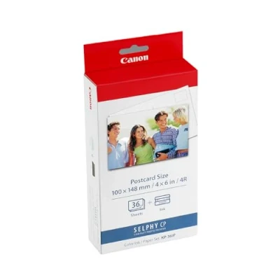 Obrázek Canon KP 36IP Originální barevná páska/papírová sada Velikost pohlednic 10 x 15 cm pro SELPHY CP tiskárnu (36 listů, fotografie v laboratorní kvalitě, barevně stálá až 100 let, odolnost vůči vodě,