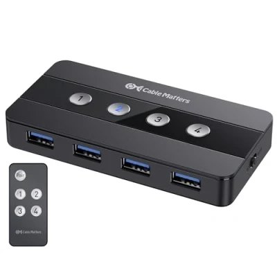 Obrázek Cable Matters 4portový USB 3. 0 KVM Switch hub (USB 4 In Out, přepínač KVM) pro počítače přepínání stisknutím tlačítka nebo dálkového ovládání obsahuje C adaptér a