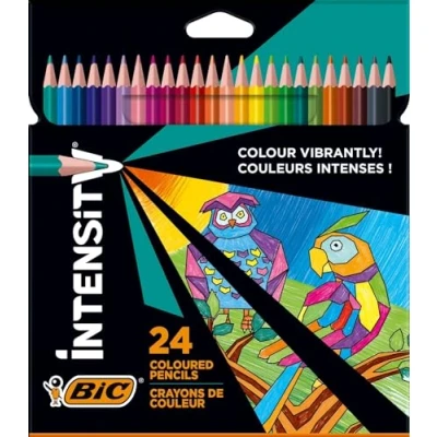 Obrázek BIC Intensity pastelky, trojhranné barevné tužky na malování ve 24 barvách, v kartonovém pouzdře, nerozbitná náplň a bez dřeva (balení se může lišit) kusů