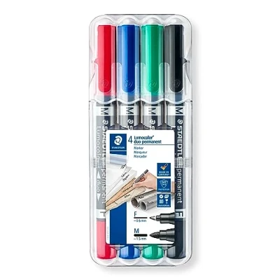 Obrázek Staedtler Lumocolor duo 348 WP4 permanentní popisovač, 4 kusy v nastavitelné krabičce na staedler, černá, modrá, zelená, červená, 1 balení