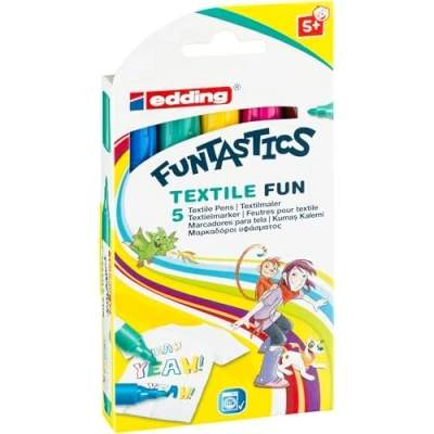 Obrázek edding 17 FUNTASTICS TEXTILE FUN dětský malířský textil žlutá, hnědá, modrá, červená, zelená 5 tužek kulatý hrot 23 mm Textilní tužky lze prát v pračce (60 C) na malování látku