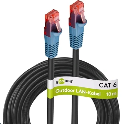 Obrázek goobay 94389 Outdoor patch kabel CAT 6 / 2násobný PE plášť vodotěsný RJ45 konektor Ethernet venkovní síťový 10 m černý LAN