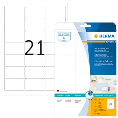 Obrázek HERMA 8838 adresní štítky pro inkoustové tiskárny, 25 listů, 63,5 x 38,1 mm, 21 na arch A4, 525 kusů, samolepicí, potištěné, matné, prázdné nálepky, etikety bílé
