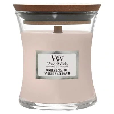 Obrázek WoodWick Mini vonná svíčka ve sklenici s pískacími hodinami praskajícím knotem Vanilla &amp; Sea Salt Doba hoření až 20 hodin