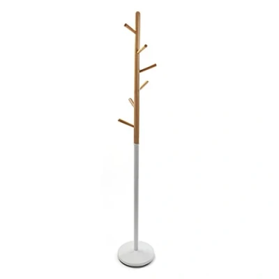 Obrázek Versa Minimalistický šatní stojan Holstebro pro vstupní prostor, s 9 háčky na oblečení nebo tašky do haly, rozměry (v x d š) 180 28 cm, kov a dřevo, barva: Bílá