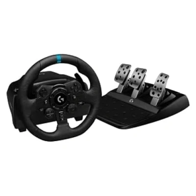 Obrázek Logitech G Herní závodní volant 923 Trueforce s pedály, síťová spojka až 1000 Hz, reakční rychlý pedál, systém dvojitého spojky, z pravé kůže, pro PS5, PS4 a PC, konektor UK černý