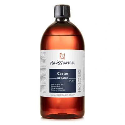 Obrázek Naissance Ricinový olej BIO (č. 217) 870 ml lisovaný za studena, čistý, přírodní, certifikovaný BIO, veganský, bez hexanu, genetické techniky pečuje o vlasy, řasy a obočí