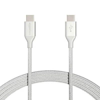 Obrázek Amazon Basics Rychlonabíjecí kabel, USB C na 2. 0, ovinutý nylonovým pletivem, 480 MBit/s, certifikováno IF, pro Apple iPhone 15, iPad, Samsung Galaxy, tablety, laptopy, 3 m, stříbrná barva