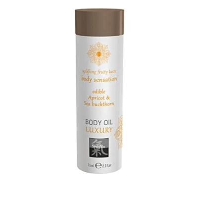 Obrázek SHIATSU Body Oil Luxury Apricot &amp; Sea buckthorn. Jedlý masážní olej se stimulující, afrodiziakální chutí. Více zábavy a erotiky při partnerské masáži, 75 ml