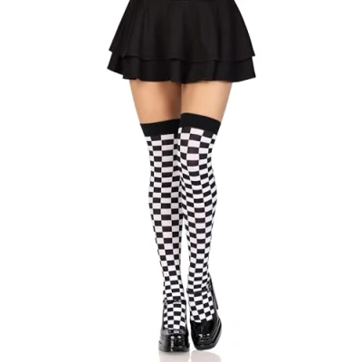 Obrázek LEG AVENUE 6281 Checkerboard Thigh Highs, jednotná velikost (černo bílá)