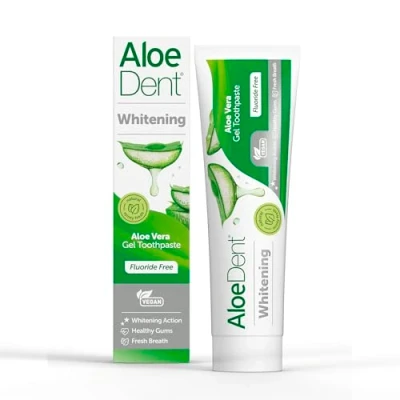 Obrázek aloe Dent Zesvětlující zubní pasta s vera, bez fluoridů, přírodní účinek, veganská, pokusů na zvířatech, SLS, přirozeně bílá, zdravé dásně, 100 ml, balení se může lišit