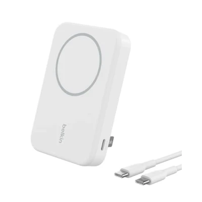 Obrázek Belkin Bezdrátová powerbanka BoostCharge Pro 8 000 mAh s Qi2, přenosná nabíječka kompatibilní MagSafe integrovaným stojanem iPhone 16, 16 Plus, Pro, Max, 15 atd. bílá