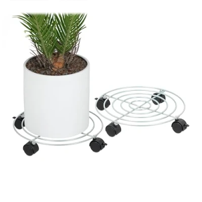 Obrázek Relaxdays Rolovač na rostliny, 2dílná sada, Ø 32 cm, podložka pod květináč s kolečky, ocel, květinový váleček do interiéru, stříbro