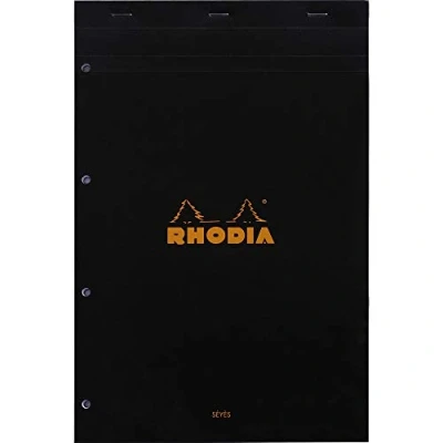 Obrázek Rhodia 201009C poznámkový blok / N20 DIN A4+, 80 listů g, francouzská linka, 4krát děrovaný, oddělitelný a mikroperforovaný, s pevnou zadní stranou z kartonu, černá, 1 kus