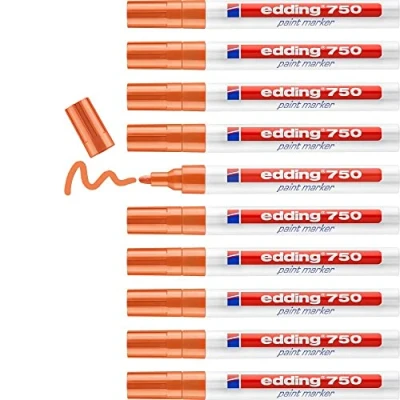 Obrázek edding 750 lakový popisovač oranžový 10 tužek kulatý hrot 24 mm laková tužka pro značení a popisování kovu, skla, kamene nebo plastu žáruvzdorná, permanentní, odolná proti rozmazání vodě