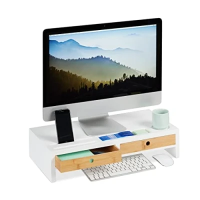 Obrázek Relaxdays Stojan na monitor, 2 zásuvky, PC zvýšení pro psací stůl, bambus a MDF, V x H: 12 55,5 27 cm, bílá/přírodní, + MDF L