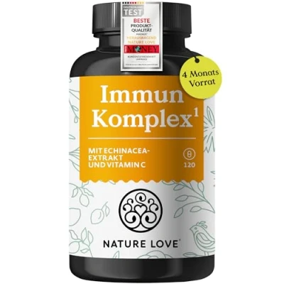 Obrázek NATURE LOVE® Imunitní komplex 120 kapslí dosah 4 měsíce s extraktem Echinacea, vitamíny C a D, zinek, selen histidin podpora imunitního systému* vysoká dávka, laboratorně testováno z