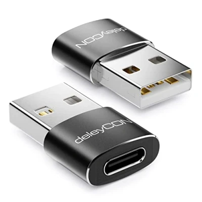 Obrázek deleyCON USB C na adaptér [2 kusy] zdířka A konektor 2. 0 pro PC počítač laptop notebook hliník černá