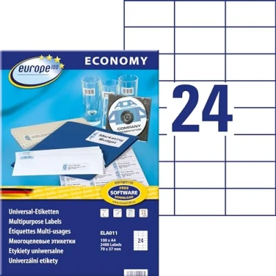 Obrázek Europe100 zboží ELA011 adresní nálepky (2 400 lepicích štítků, 70 x 37 mm na A4, papír matný, individuálně potisknutelné, samolepicí etikety, kompatibilní s AVERY 3474) 100 listů, bílé