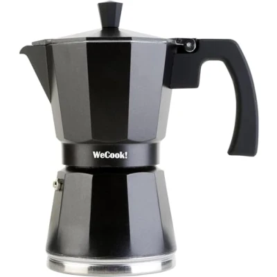 Obrázek WECOOK! Luccia Espressomaschine Induktion, Espressokocher, Italienischen Kaffee, Moka Kanne Kaffeebereiter Aluminium, 1 3 Tassen, Sockel aus Edelstahl, Sicherheitsventil, Vitrokeramik, Gas, Schwarz