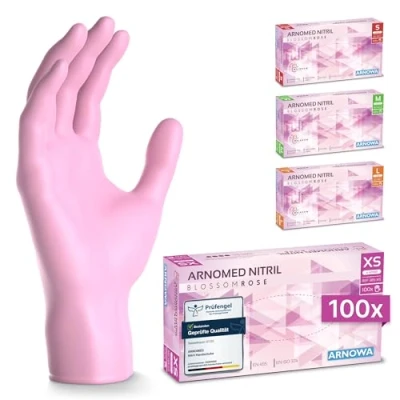 Obrázek ARNOMED jednorázové rukavice růžové, 100 kusů/krabice, XS, nitrilové rukavice, bez pudru, gumové latexu, k dispozici ve S, M &amp; L