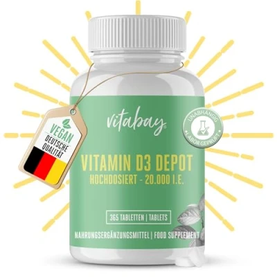 Obrázek Vitabay vitamín D3 Depot 20 000 I.E. 365 Veganské tablety vitamin D vysoké dávky 20000 vitaminu kapsle Vit