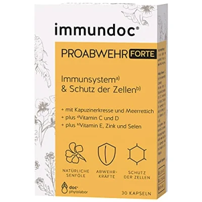 Obrázek immundoc PROABWEHR FORTE Imunitní systém kapsle, 30 kusů, doplněk stravy s vitaminem C, D, E, zinkem, selenem, lichořeřišnicí a křenem