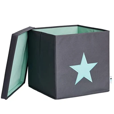 Obrázek LOVE IT STORE Úložný box s víkem vložka Kallax z látky zesílená dřevem, nosnost do 30 kg omyvatelný šedý se zelenou hvězdou 33 x cm