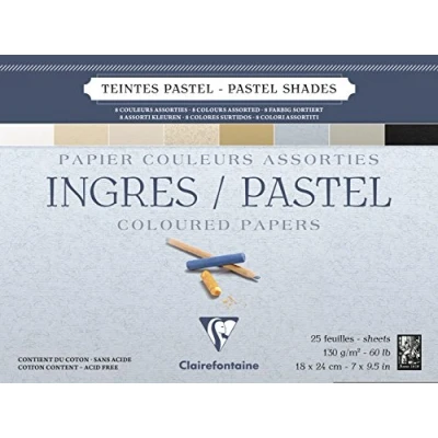 Obrázek Clairefontaine 96486C kreslicí blok Ingres (lepený, 25 listů, 130 g, zrnitý, 18 x 24 cm, ideální pro suchou techniku) 8 pastelových barev