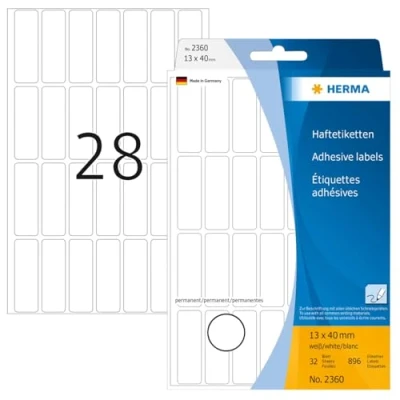 Obrázek HERMA 2360 víceúčelové etikety, 896 kusů, 13 x 40 mm, 28 na arch, samolepicí, štítky pro domácnost k popisování, matné, prázdné papírové lepicí bílé