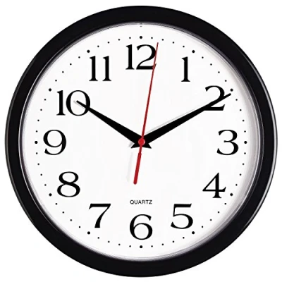 Obrázek Bernhard Products Schwarze Wanduhr, geräuschlos, Nicht tickend, 25,4 cm, Quarz, batteriebetrieben, rund, leicht zu lesen, Zuhause/Büro/Küche/Klassenzimmer/Schuleuhr, Uhrwerk