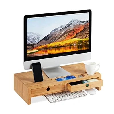 Obrázek Relaxdays Stojan na monitor, z bambusu, zvýšení obrazovky se 2 zásuvkami a přihrádkami, psací stůl, V x Š H 12 56 27 cm, přírodní