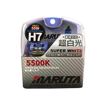 Obrázek MARUTA Super WHITE H7 12V 55W halogenová žárovka pro světlomety, potkávací světlo, 5500K xenonový efekt, dlouhá životnost xenonové plynové žárovky s kvalitním křemenným sklem a homologací silniční