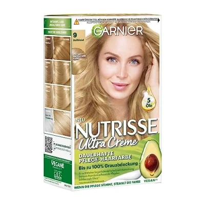 Obrázek Krém k barvení vlasů Garnier Nutrisse Creme Coloration, jantarová blond s přirozeným leskem 9.34 / permanentní barva na vlasy (se 3 vyživujícími oleji) 3x 1 kus