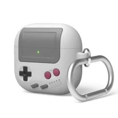 Obrázek elago AW5 Hülle Kompatibel mit AirPods 4. Generation (2024), Klassisches Retro Handheld Spielkonsolen Design Apple 4 Karabiner Inklusive (Hellgrau)