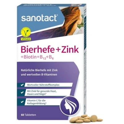 Obrázek sanotact Pivovarské kvasnice + zinek (60 tablet) Na kůži, vlasy a nehty vitamínový komplex s pivovarskými kvasnicemi, zinkem, biotinem, vitaminem B12, B6 &amp; Vitamin C vitamíny pro pokožku