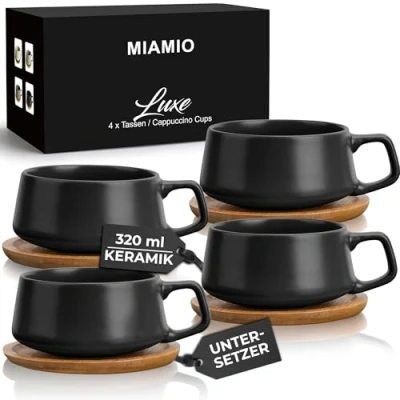 Obrázek MIAMIO 4 x 320 ml Kaffeetassen/Cappuccino Tassen mit Unterteller/elegant/modern/Kaffeebecher aus Steingut Luxe Kollektion 4er Set (Schwarz)