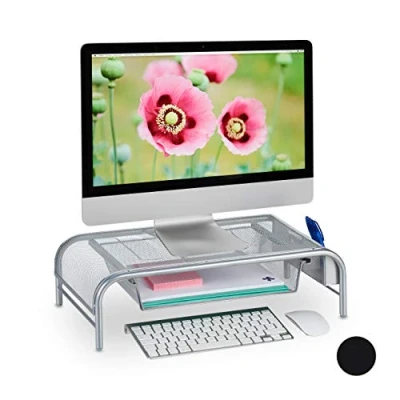Obrázek Relaxdays stojan na monitor, zásuvka, 2 boční přihrádky, obrazovku do 29 palců, V x Š H: 15 51 29,5 cm, stříbrný