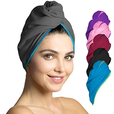 Obrázek Fit Flip Haarurban z mikrovlákna 1 kus ručník na vlasy s knoflíkem rychleschnoucí a savý hlava turban do vlasů (tmavě šedá modrá)