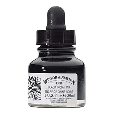 Obrázek Winsor &amp; Newton 1011030 Drawing Inks kreslicí tuš pro kaligrafy, ilustrátory, grafiky, umělce voděodolné barvy, vynikající průhlednost, 30ml láhev černá s pipetou