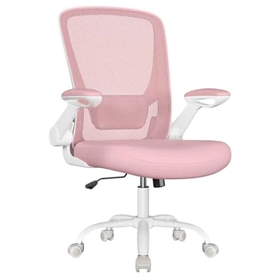 Obrázek SONGMICS Kancelářská židle ergonomická, otočná se síťovinou, bederní opěrka, funkce houpání, 53 cm velká sedací plocha, sklopné područky, pracovní a ložnice, studenty, pastelově růžová OBN037R01